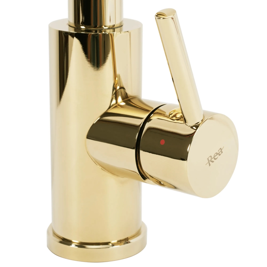 REA-B0669 - Grifo de fregadero FRESH con rociador extraíble de 39,5 cm, acabado dorado