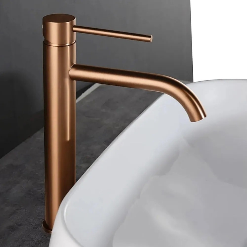REA-B1114 - Grifo monomando para lavabo LUNGO 28 cm, acabado en cobre cepillado