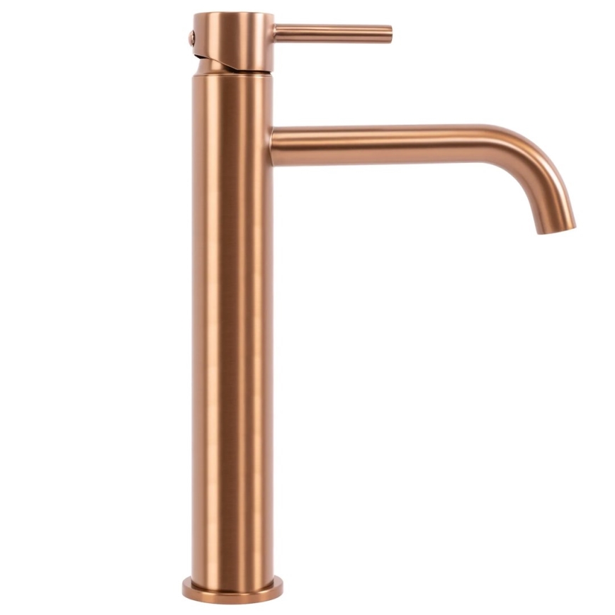 REA-B1114 - Grifo monomando para lavabo LUNGO 28 cm, acabado en cobre cepillado