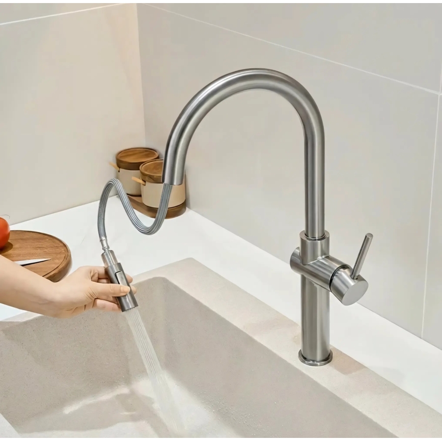 REA-B6330 - Grifo para fregadero FRESH con rociador extraíble, 45 cm, acabado níquel