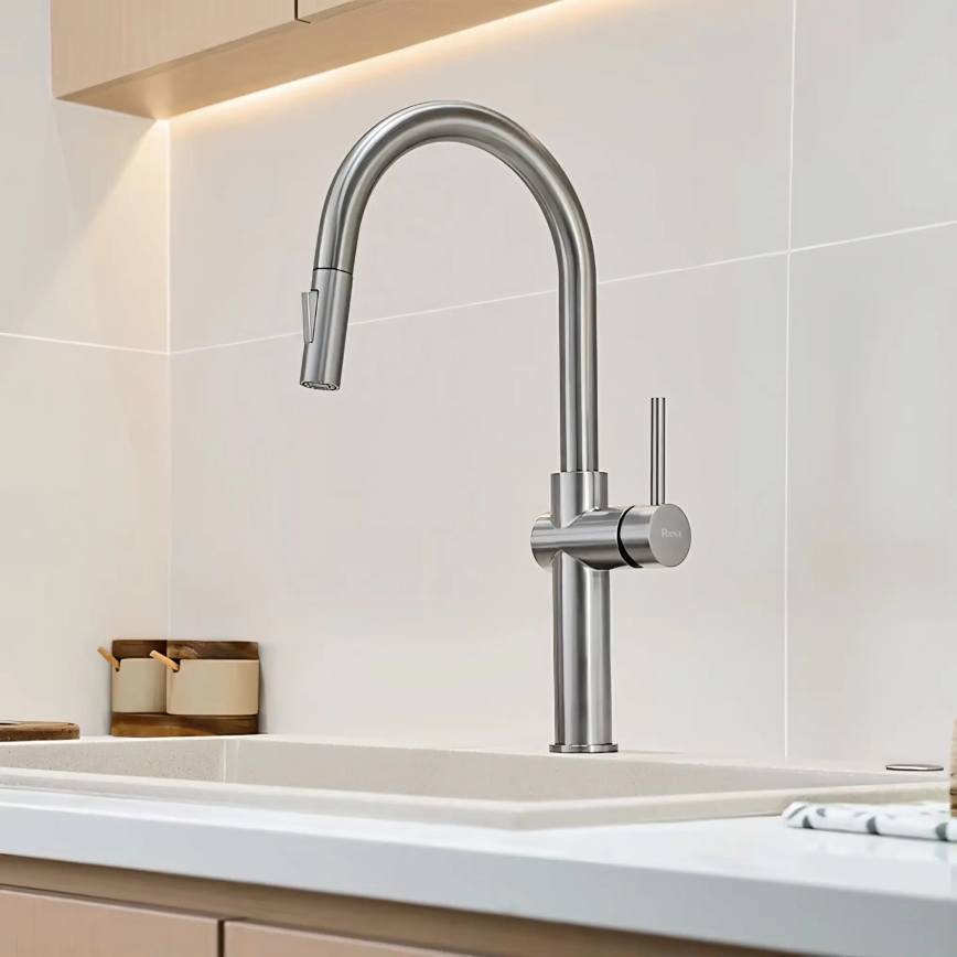 REA-B6330 - Grifo para fregadero FRESH con rociador extraíble, 45 cm, acabado níquel
