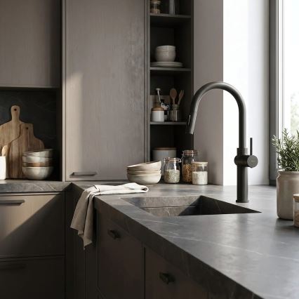 REA-B7200 - Grifo de fregadero con rociador extraíble FRESH, 45 cm, negro