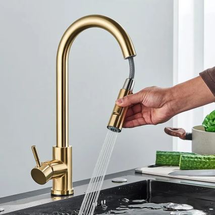 REA-B9148 - Grifo de fregadero FRESH con ducha extraíble, 39,5 cm, acabado en oro cepillado