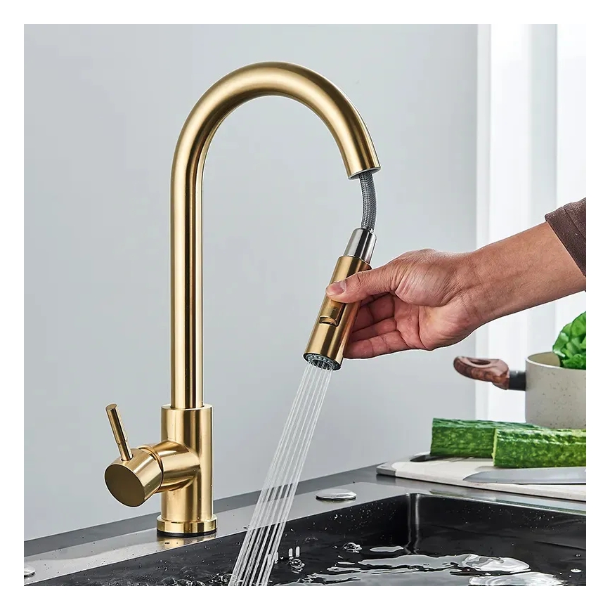 REA-B9148 - Grifo de fregadero FRESH con ducha extraíble, 39,5 cm, acabado en oro cepillado