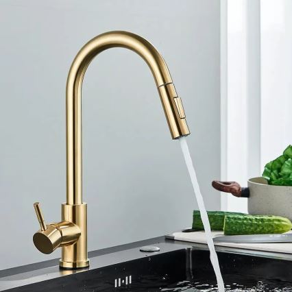 REA-B9148 - Grifo de fregadero FRESH con ducha extraíble, 39,5 cm, acabado en oro cepillado