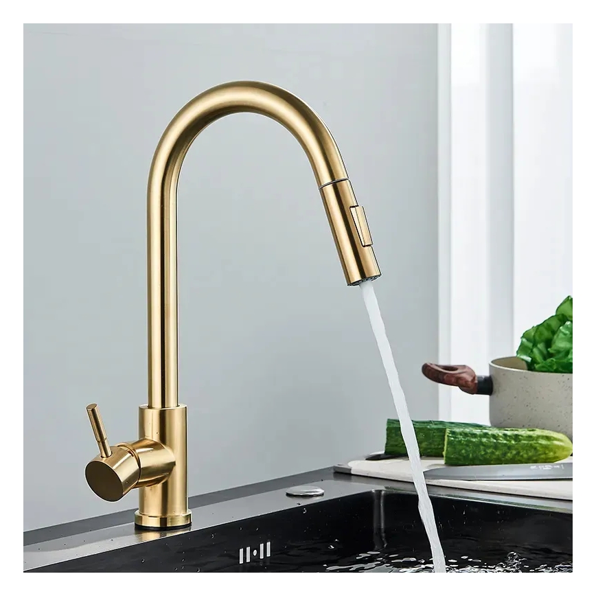 REA-B9148 - Grifo de fregadero FRESH con ducha extraíble, 39,5 cm, acabado en oro cepillado
