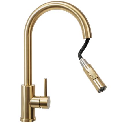 REA-B9148 - Grifo de fregadero FRESH con ducha extraíble, 39,5 cm, acabado en oro cepillado