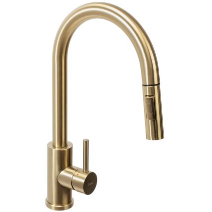REA-B9148 - Grifo de fregadero FRESH con ducha extraíble, 39,5 cm, acabado en oro cepillado