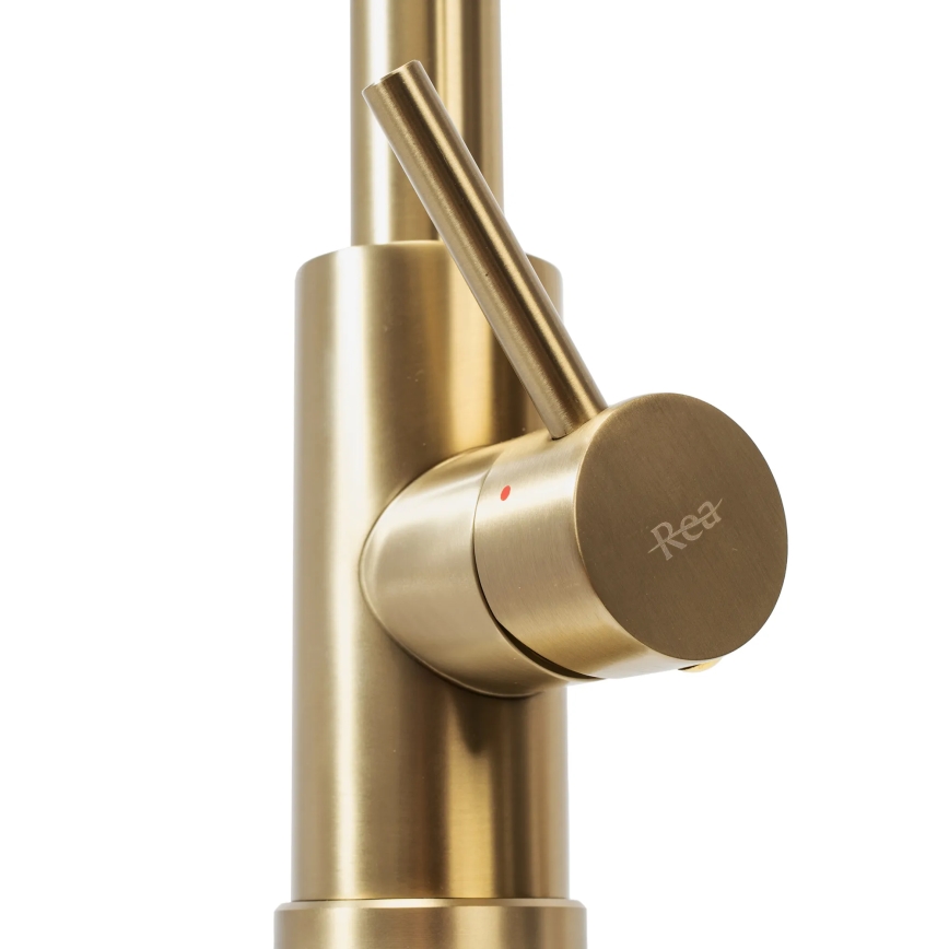 REA-B9148 - Grifo de fregadero FRESH con ducha extraíble, 39,5 cm, acabado en oro cepillado