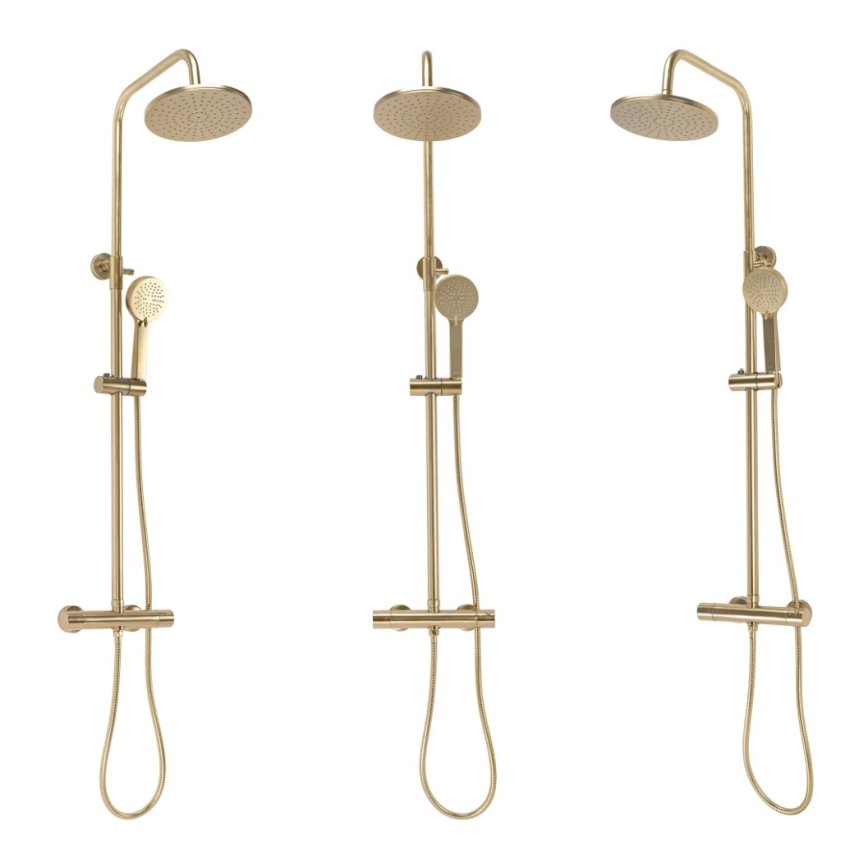 REA-P2323 - Juego de ducha con grifo termostático PAROT, acabado oro cepillado