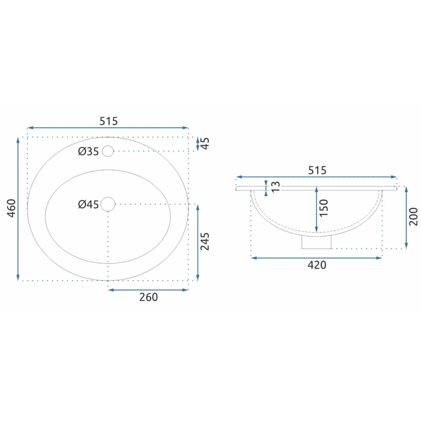REA-U4122 - Lavabo encastrado DALIA 46x51,5 cm cerámica/blanco brillante