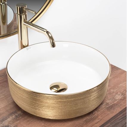 REA-U6630 - Lavabo sobre encimera SAMI Ø 36 cm cerámica/blanco/oro cepillado