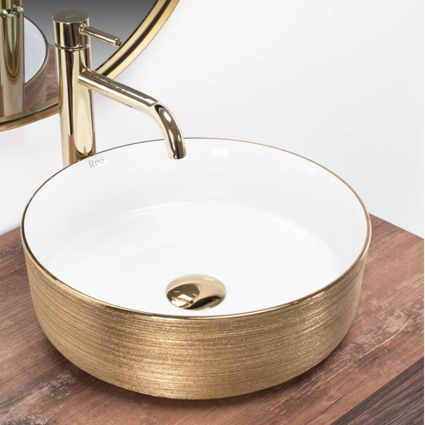 REA-U6630 - Lavabo sobre encimera SAMI Ø 36 cm cerámica/blanco/oro cepillado