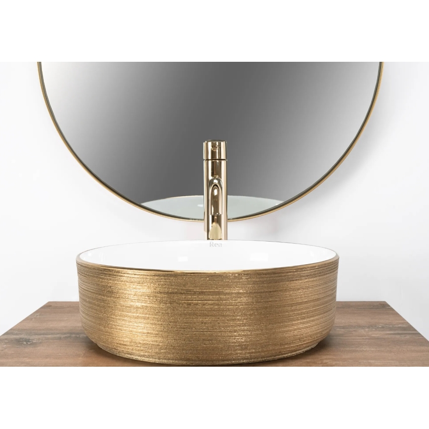REA-U6630 - Lavabo sobre encimera SAMI Ø 36 cm cerámica/blanco/oro cepillado