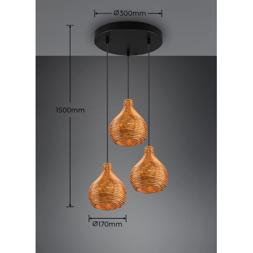 Reality - Lámpara colgante con cable SPROUT 3xE14/40W/230V marrón/ratán