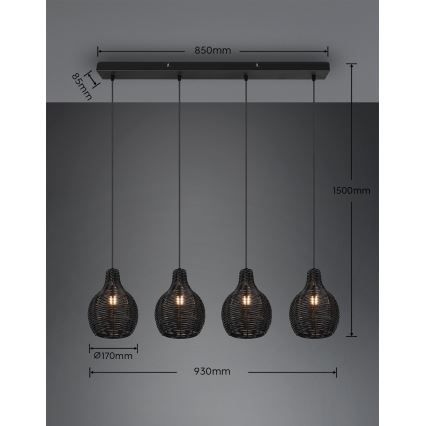 Reality - Lámpara colgante con cable SPROUT 4xE14/30W/230V negro/ratán