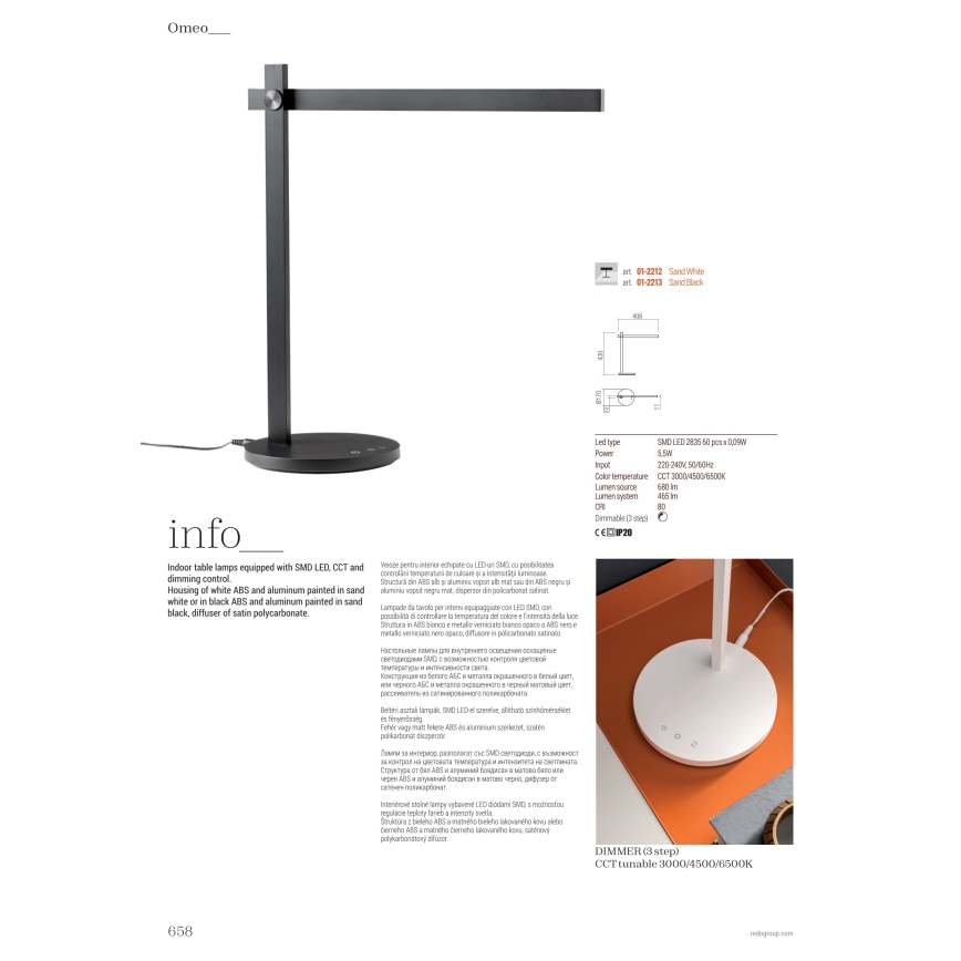 Redo 01-2212 - Lámpara de mesa regulable LED táctil OMEO LED/5,5W/230V 3000/4500/6500K blanco
