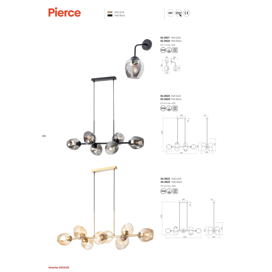 Redo 01-2618 - Aplique PIERCE 1xE27/42W/230V negro/ahumado