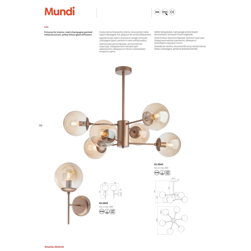 Redo 01-2942 - Lámpara de pared MUNDI 1xE14/28W/230V cobre/ahumado