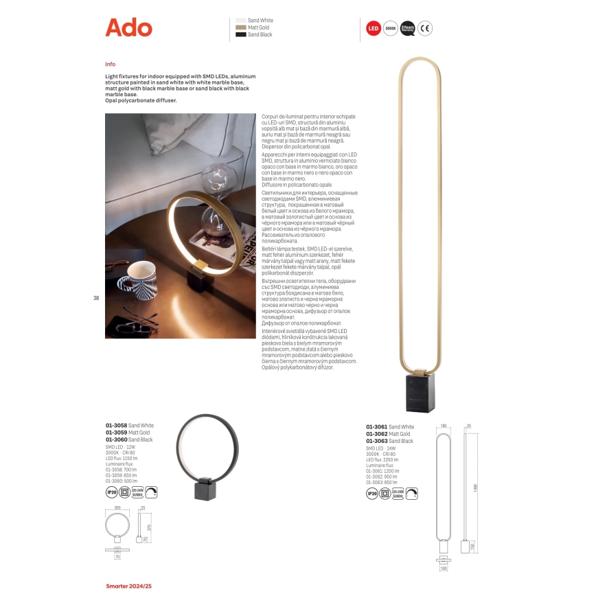 Redo 01-3062 - Lámpara de pie LED regulable ADO LED/24W/230V dorado
