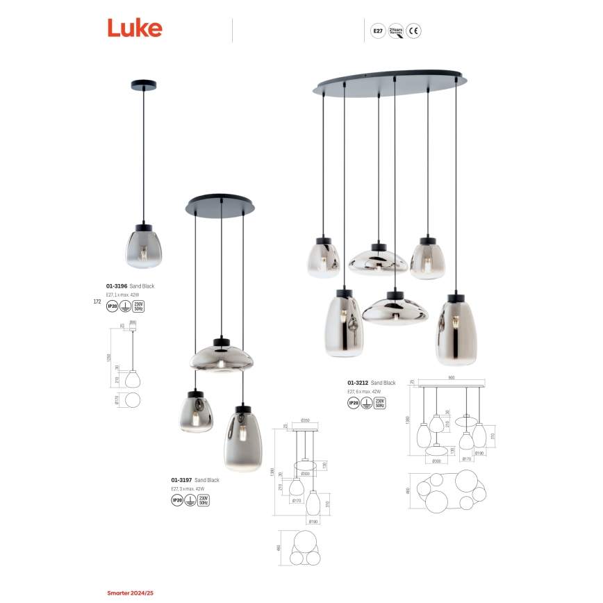 Redo 01-3212 - Lámpara colgante LUKE 6xE27/42W/230V negro
