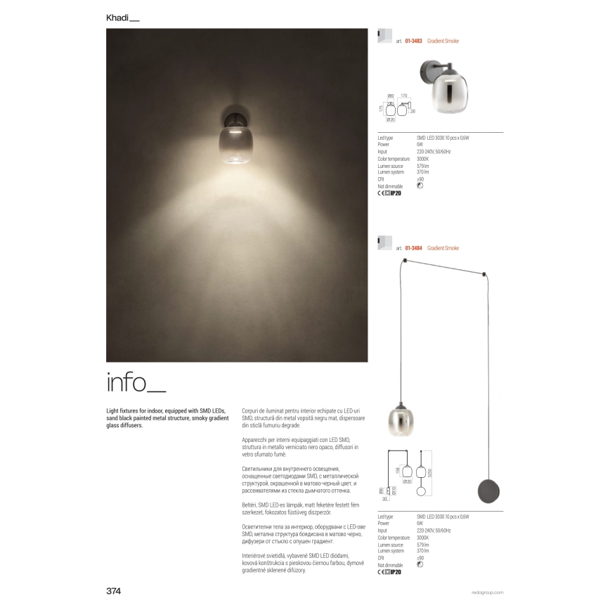Redo 01-3483 - Aplique de pared LED KHADI LED/6W/230V CRI 90 negro/ahumado