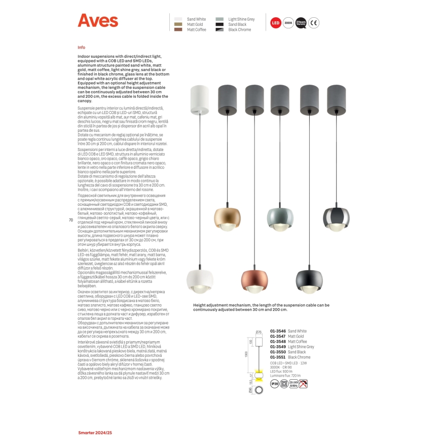 Redo 01-3549 - Lámpara LED colgante AVES LED/12W/230V diá. 9,6 cm CRI 90 gris