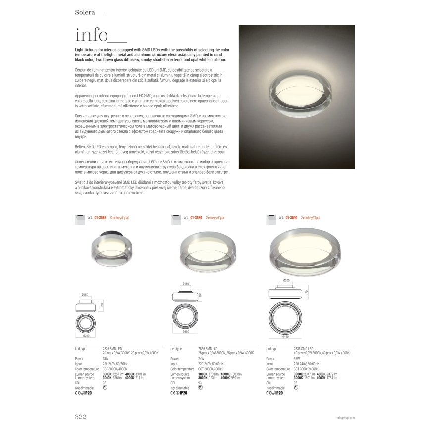 Redo 01-3589 - Plafón LED SOLERA LED/24W/230V diá. 35 cm CRI 93 3000/4000K gris