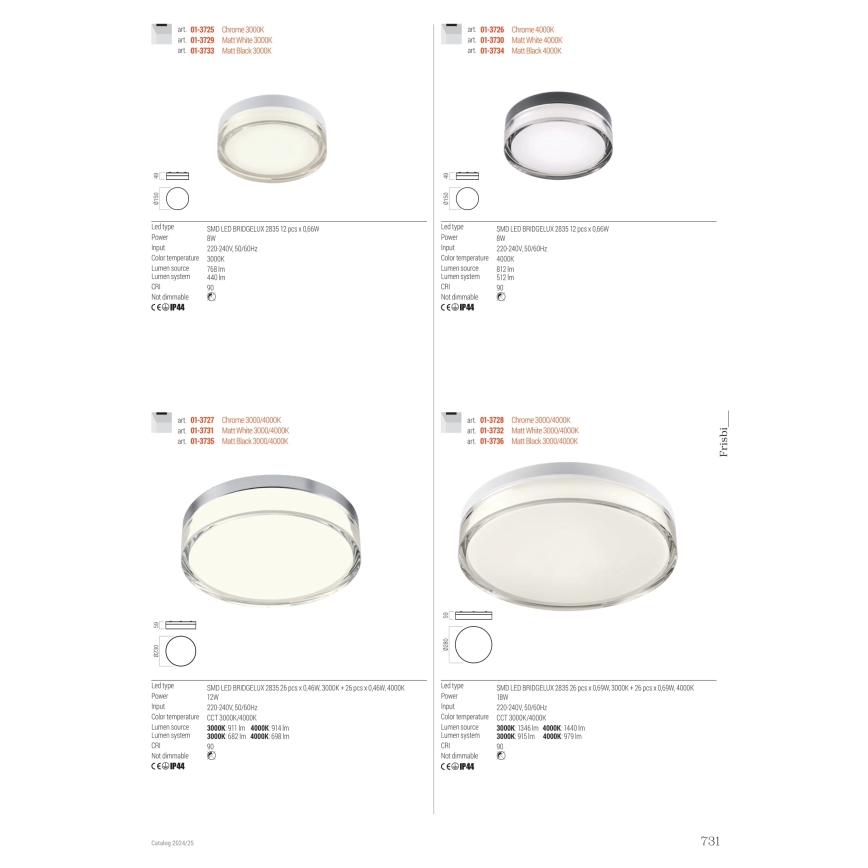 Redo 01-3731 - Plafón LED de baño FRISBI LED/12W/230V diá. 23 cm CRI 90 3000/4000K IP44 blanco