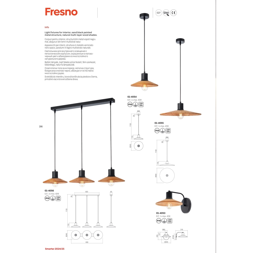 Redo 01-4054 - Lámpara colgante FRESNO 1xE27/42W/230V diá. 24 cm