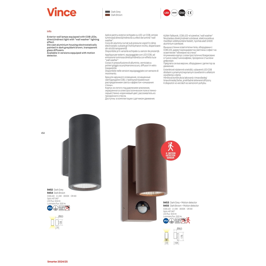 Redo 9455 - Aplique de pared exterior LED con sensor VINCE 2xLED/3W/230V IP54 marrón