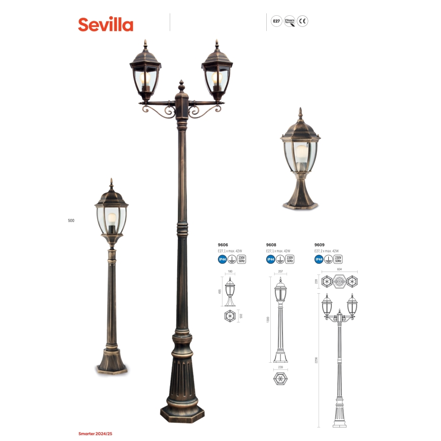 Redo 9609 - Lámpara de exterior SEVILLA 2xE27/42W/230V IP44 dorado/pátina