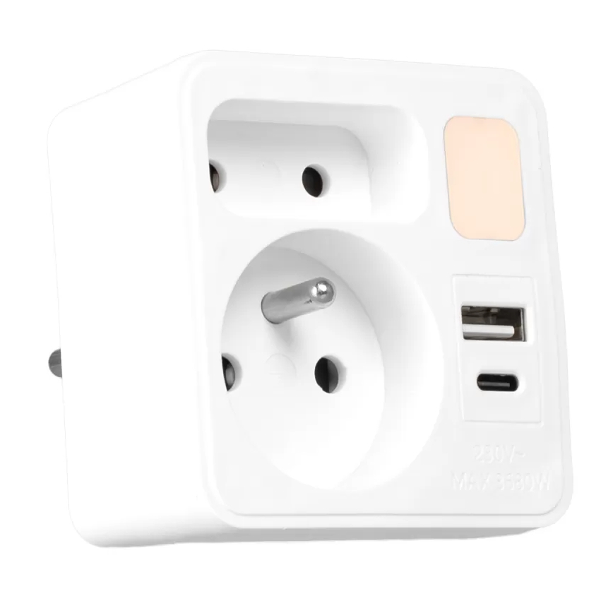 Regleta con 2 tomas + USB-C + USB-A con iluminación LED LED/0,5W/230V 3000K