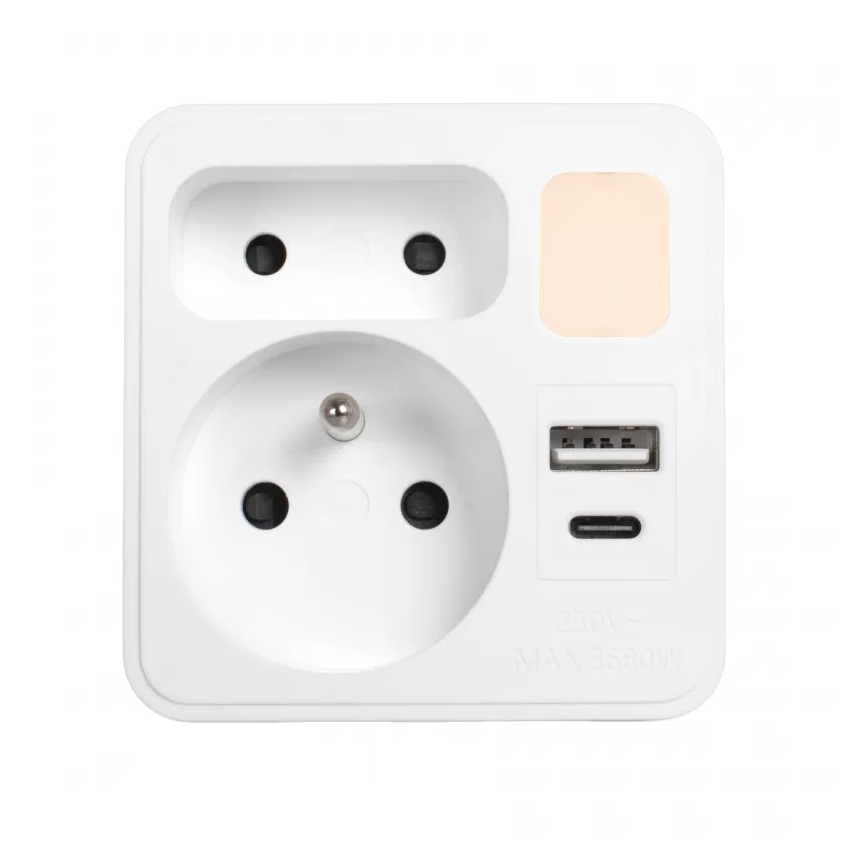 Regleta con 2 tomas + USB-C + USB-A con iluminación LED LED/0,5W/230V 3000K