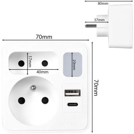 Regleta con 2 tomas + USB-C + USB-A con iluminación LED LED/0,5W/230V 3000K