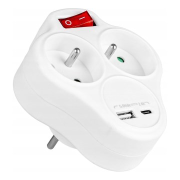 Regleta con interruptor, 2 enchufes + USB-C + USB-A