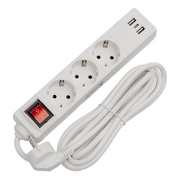 Regleta con interruptor, 3 enchufes Schuko + 2x USB-A + 1x USB-C, 3 m, blanca