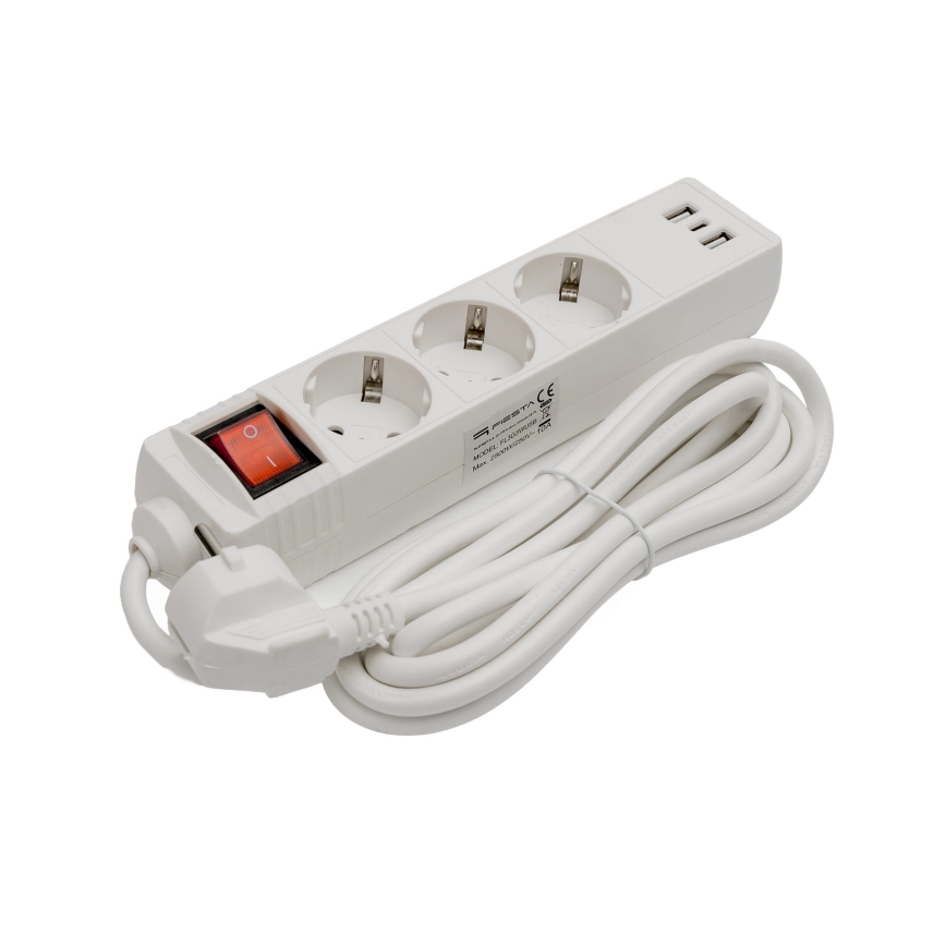 Regleta con interruptor, 3 enchufes Schuko + 2x USB-A + 1x USB-C, 3 m, blanca