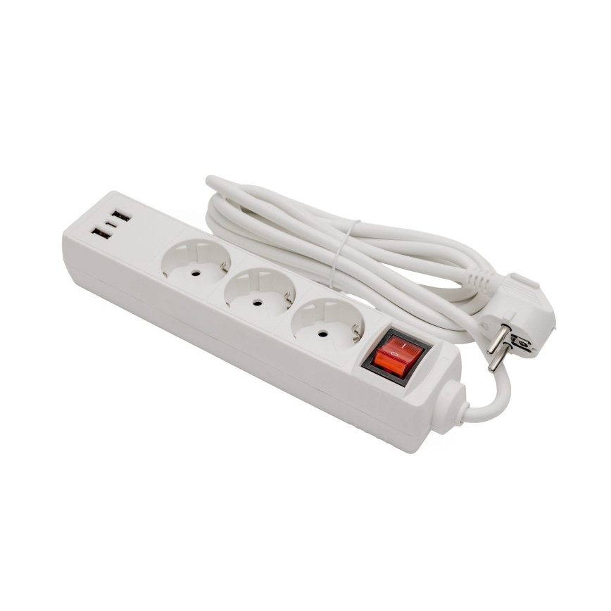 Regleta con interruptor, 3 enchufes Schuko + 2x USB-A + 1x USB-C, 3 m, blanca