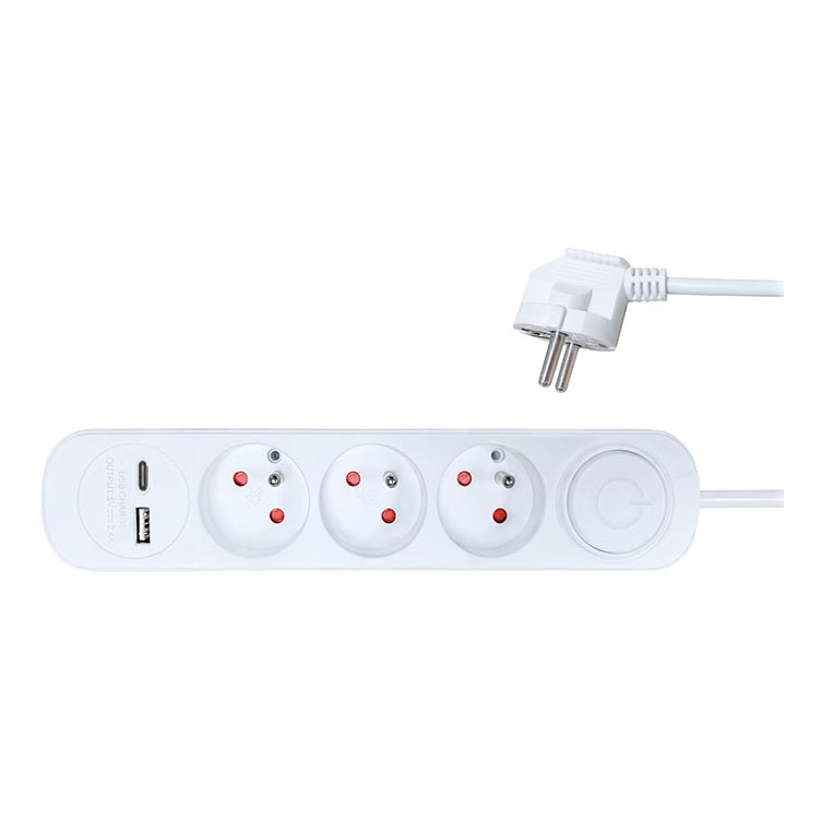 Regleta con interruptor 3Z + 2xUSB 2m blanco