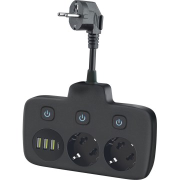 Regleta con interruptor LINEA, 2 tomas Schuko 230 V + 4 puertos USB (tipo A y C), negra