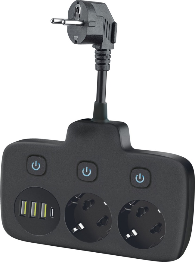 Regleta con interruptor LINEA, 2 tomas Schuko 230 V + 4 puertos USB (tipo A y C), negra