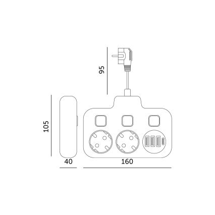 Regleta con interruptor LINEA, 2 tomas Schuko 230 V + 4 puertos USB (tipo A y C), negra