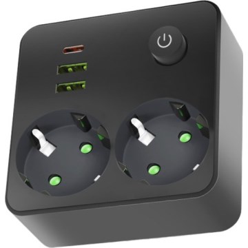 Regleta con interruptor LINEA 2x230V + 3xUSB A/C SCHUKO negra