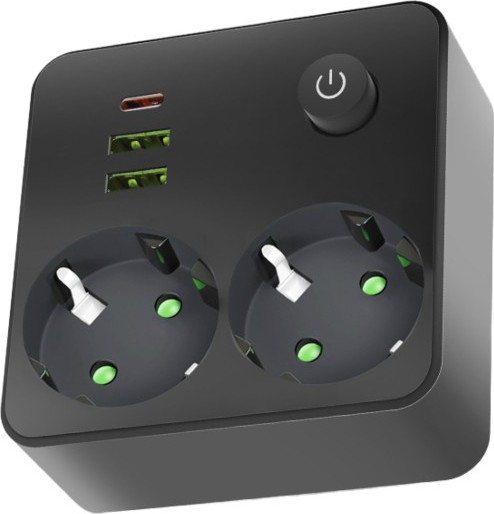 Regleta con interruptor LINEA 2x230V + 3xUSB A/C SCHUKO negra