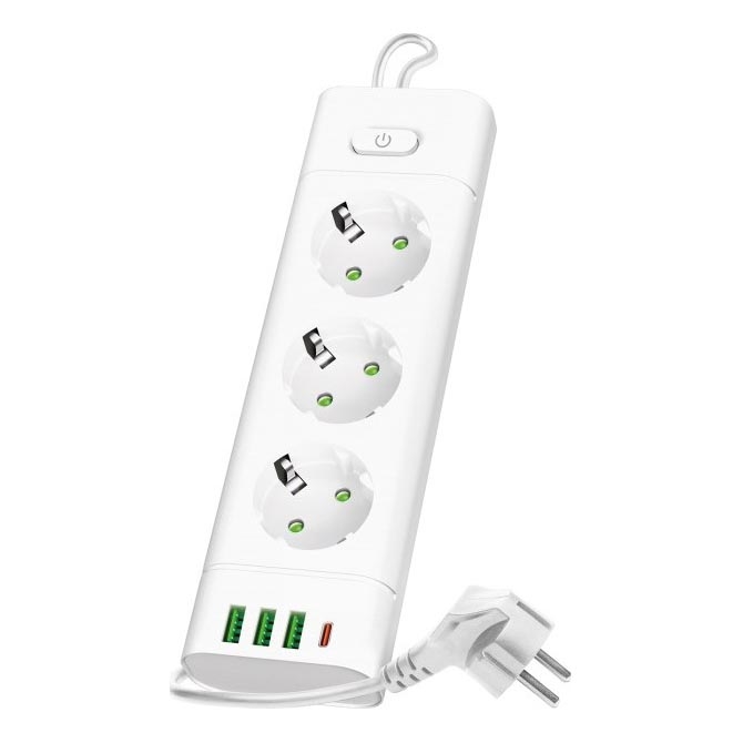 Regleta con interruptor LINEA PRO 3x230V+ 3xUSB-A + 1xUSB-C SCHUKO 1,5 m blanca