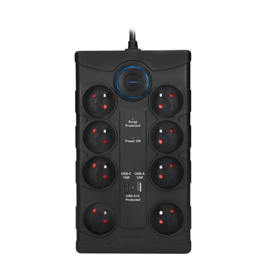 Regleta de 8 tomas Tipo E con interruptor y protección contra sobretensiones + 1x USB-A + 1x USB-C, 2 m, negra