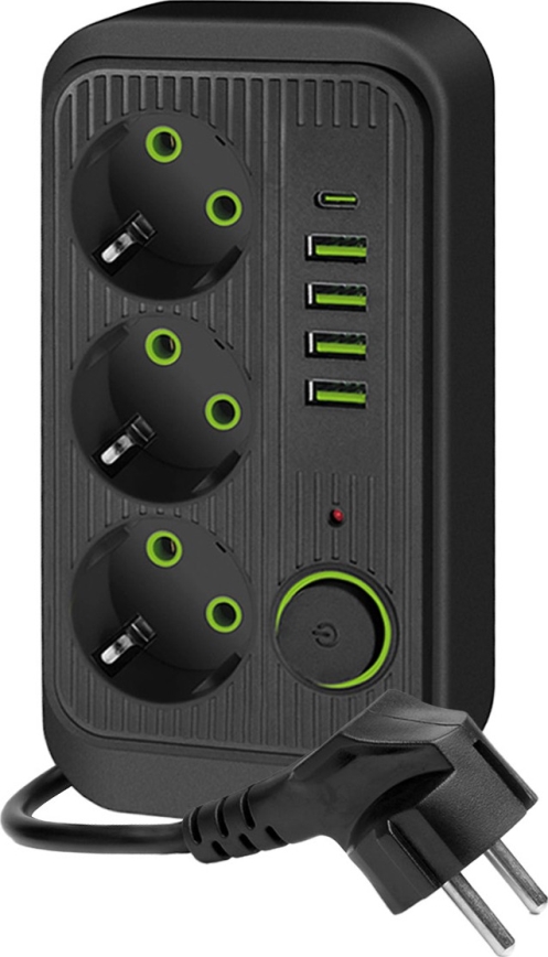 Regleta de enchufes con interruptor LINEA 3x230V + 5xUSB A/C 1,5 m SCHUKO negro
