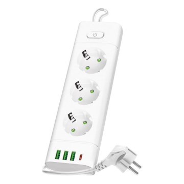 Regleta de enchufes con interruptor LINEA PRO 3x230V + 3xUSB-A + 1xUSB-C SCHUKO 3 m blanca
