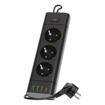 Regleta de enchufes con interruptor LINEA PRO 3x230V + 3xUSB-A + 1xUSB-C SCHUKO 3 m negra